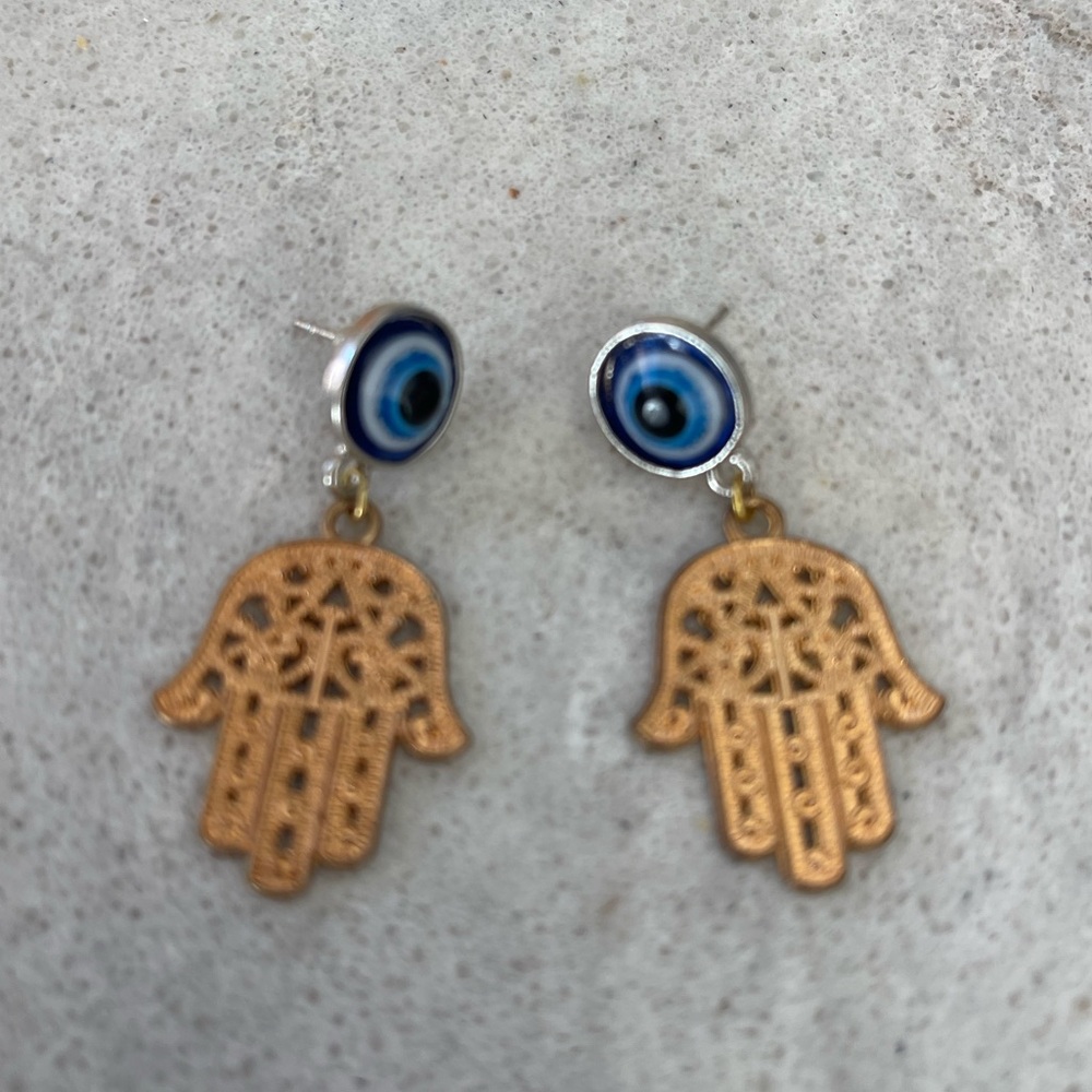 Fatima Gold Tone Dangle Vintage Look Hamsa Hand Blue Evil Eye Earrings
